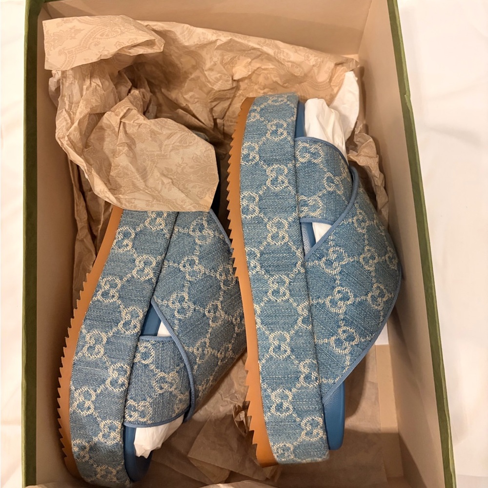 Gucci Light Blue Denim GG Crossband Slide Sandals - Picture 6 of 6